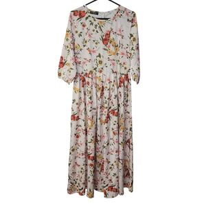 Sheilay Womens Floral Maxi Dress White Long Sleeve Crew Neck Size Large